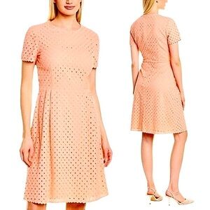 NWT ESCADA Peach Embroider Eyelet Lace Short Sleeve Pleated Fit & Flare Dress 6